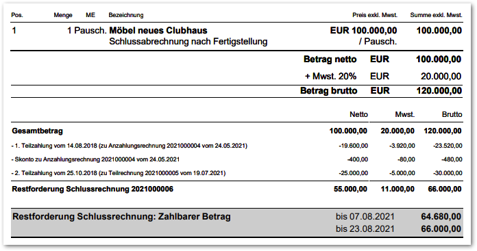 Screenshot einer Schlussrechnung mit Auflistung der Teilzahlungen